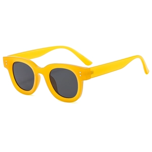 Retro thick oval sunglasses with yellow frames and dark lenses shown at a 45-degree angle