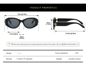 Detailed size specifications for oval metal beetle sunglasses with PC frame measurements
