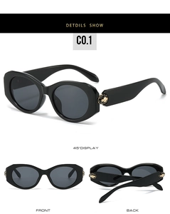 Black oval sunglasses with golden honeycomb metal temple accents shown in three angles