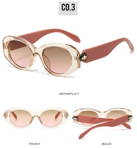 Macro detail of cat-eye sunglasses featuring pink frames and ornate metal snake temple