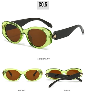 Three views of oval sunglasses featuring a green frame and golden snake head metal detail