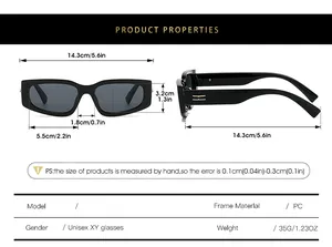 Detailed size chart for retro rectangular sunglasses with frame and lens measurements