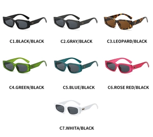 Collection of retro rectangular sunglasses in seven colors with metal T-bar details