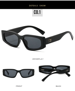 Three perspectives of black square sunglasses showing front, back, and 45-degree angle details