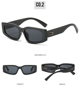 Three perspectives of rectangular black sunglasses with gold metal decorative buckle details