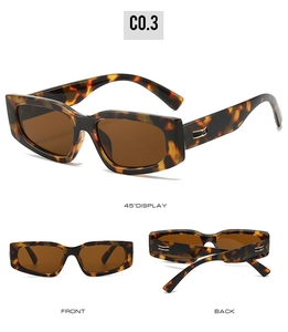 Detail view of tortoiseshell rectangle sunglasses with brown lenses and metal temple accents