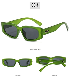 Three-view display of transparent green rectangular sunglasses with metal accents