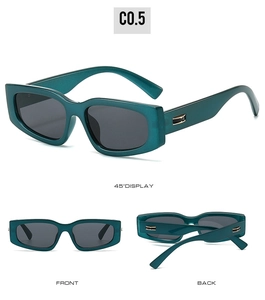 Three-angle view of retro teal oversized rectangle sunglasses with gold temple accents