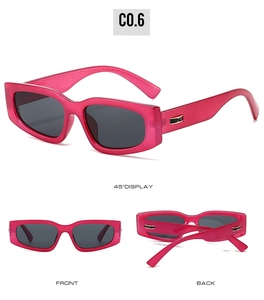 Three-view display of vintage oversized rectangular sunglasses with metallic temple accents