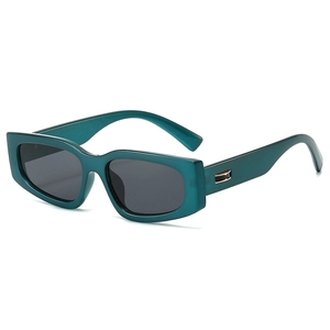 Retro dark green rectangular thick frame sunglasses with gold hinge detail