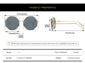 Detailed size chart for retro round frameless sunglasses with gold metal frame