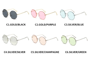 Six assorted colors of rimless round sunglasses with metallic frames in a grid layout