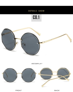 Detailed views of rimless octagonal sunglasses with grey lenses and gold metal frames