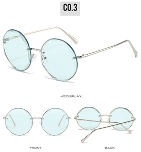 Three-angle view of rimless light blue round sunglasses with silver metal temples