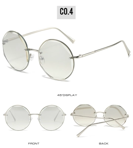 Detailed views of rimless octagonal sunglasses with silver metal frame and C0.4 tint