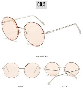 Three-angle view of rimless round pink sunglasses with silver metal frame and facet lenses