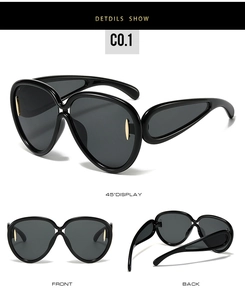 Detailed views of oversized fashion sunglasses with black frames and gold accents