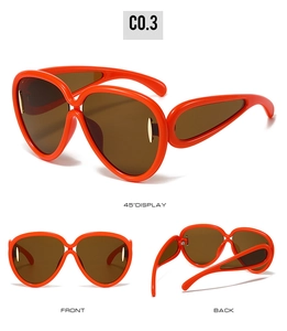 Three-view layout of orange oversized sunglasses with gold accents and brown lenses