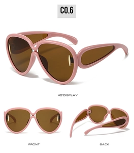 Three-way view of pink oversized fashion sunglasses showing front, back, and 45-degree angles