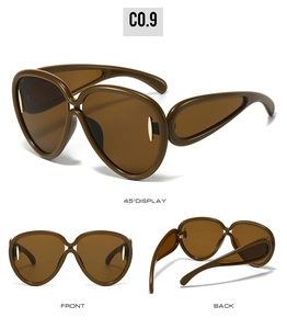 Three-angle views of brown oversized sunglasses with golden rivets and wrap frames