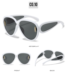 Detailed multi-angle view of white oversized sunglasses with golden metal accents