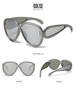 Three-view layout showing 45-degree angle, front and back of futuristic oversized sunglasses