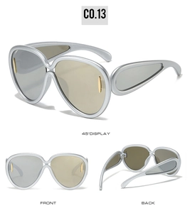 Detail view of oversized sunglasses with silver frames and gradient lenses from three angles
