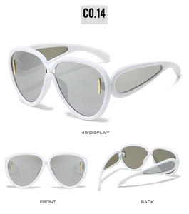 Three-way view of trendy white oversized sunglasses with gold metal accents and grey lenses