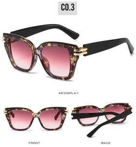 Drei Ansichten der quadratischen Schildpatt-Sonnenbrille mit rosa Verlaufsgläsern und Golddekor