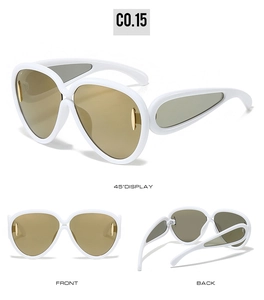 Detailed views of white oversized sunglasses with pilot style frames and gold accents