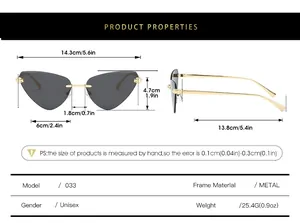 Tableau des tailles avec dimensions précises des lunettes de soleil œil de chat sans monture