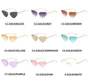 Neuf lunettes de soleil œil-de-chat sans monture avec branches dorées en divers coloris