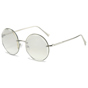 Fashionable rimless geometric sunglasses with cut-edge lenses and silver metal frame