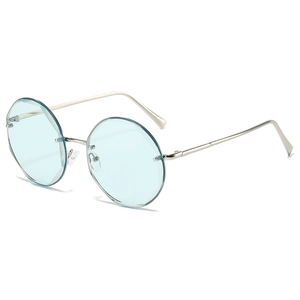 Fashionable rimless round sunglasses with blue tinted lenses and silver metal frame
