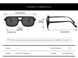 Detailed size chart and specifications for vintage black square frame sunglasses