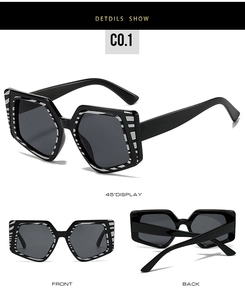 Detailed views of black hexagonal sunglasses with silver trim from multiple angles