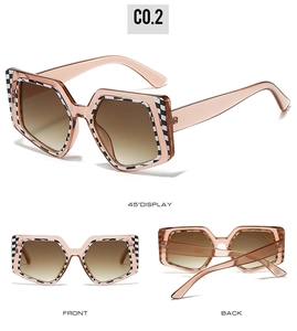 Three views of pink translucent sunglasses featuring unique checkerboard frame details