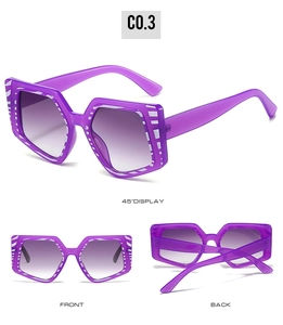 Irregular geometric sunglasses with purple striped frames and dark grey gradient lenses