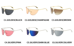 Matrix view of six oversized rimless sunglasses with metal V-bridge detail and assorted lenses