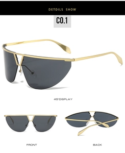 Detailed views of gold frame oversized sunglasses with dark grey continuous shield lens