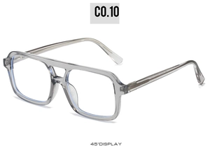 45-degree angle view of high-quality transparent grey square sunglasses with metal hinges