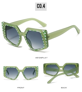Three views of green checkered irregular sunglasses featuring grey gradient lenses