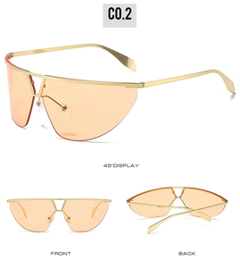 Three-view layout of frameless sunglasses with gold metal temples and orange gradient lenses