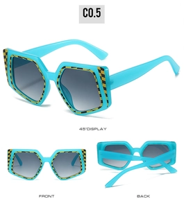 Multi-angle view of irregular hexagonal sunglasses with blue frame and checkered pattern