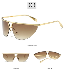 Three-angle view of oversized rimless sunglasses with gold frames and gradient brown lenses