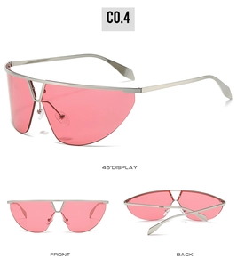 Pink oversized Y2K sunglasses with silver metal frame in front, side and back views