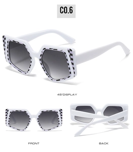 Detailed views of white irregular sunglasses with purple checkerboard frames and gradient lenses