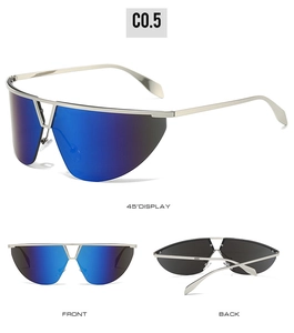 Detailed macro view of silver sports sunglasses with blue coated lenses and metal frame