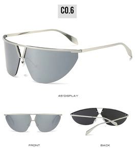 Three-way view of silver metal frame sunglasses showing front, back, and 45-degree angle details