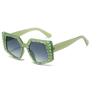 Irregular light green hexagonal sunglasses with a checkerboard pattern on the frame